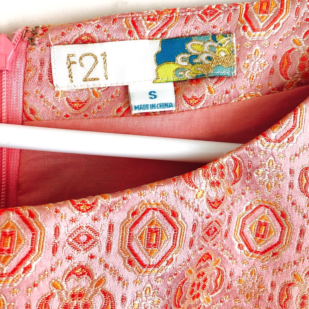 F21 Design Pink/Gold Geo Satin Sheath Dress - Picture 2 of 7